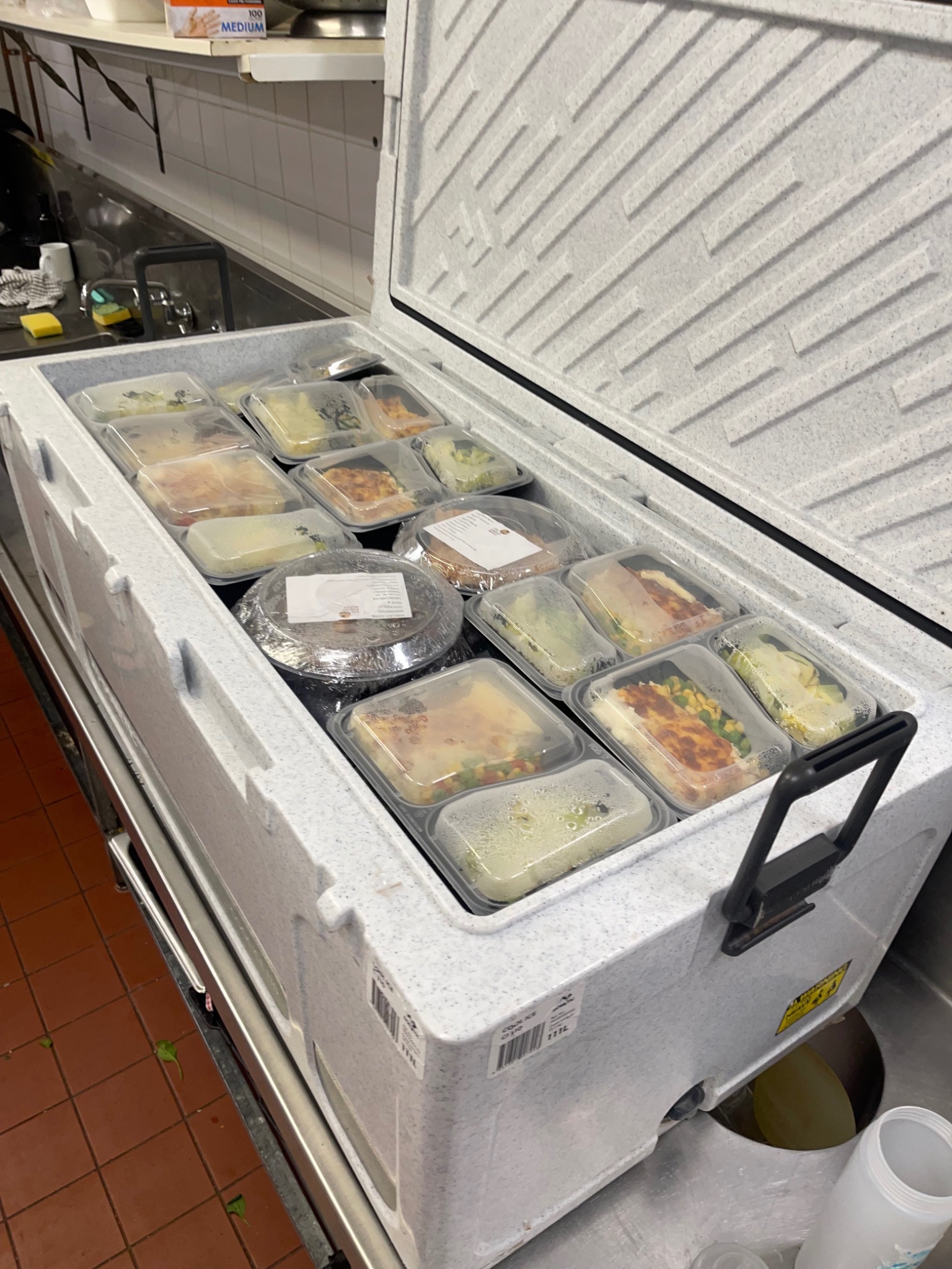 Packaged meals arranged inside a chest freezer
