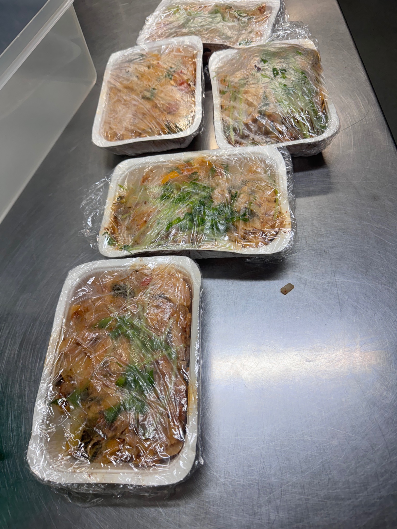 A row of prepared meals in rectangular trays